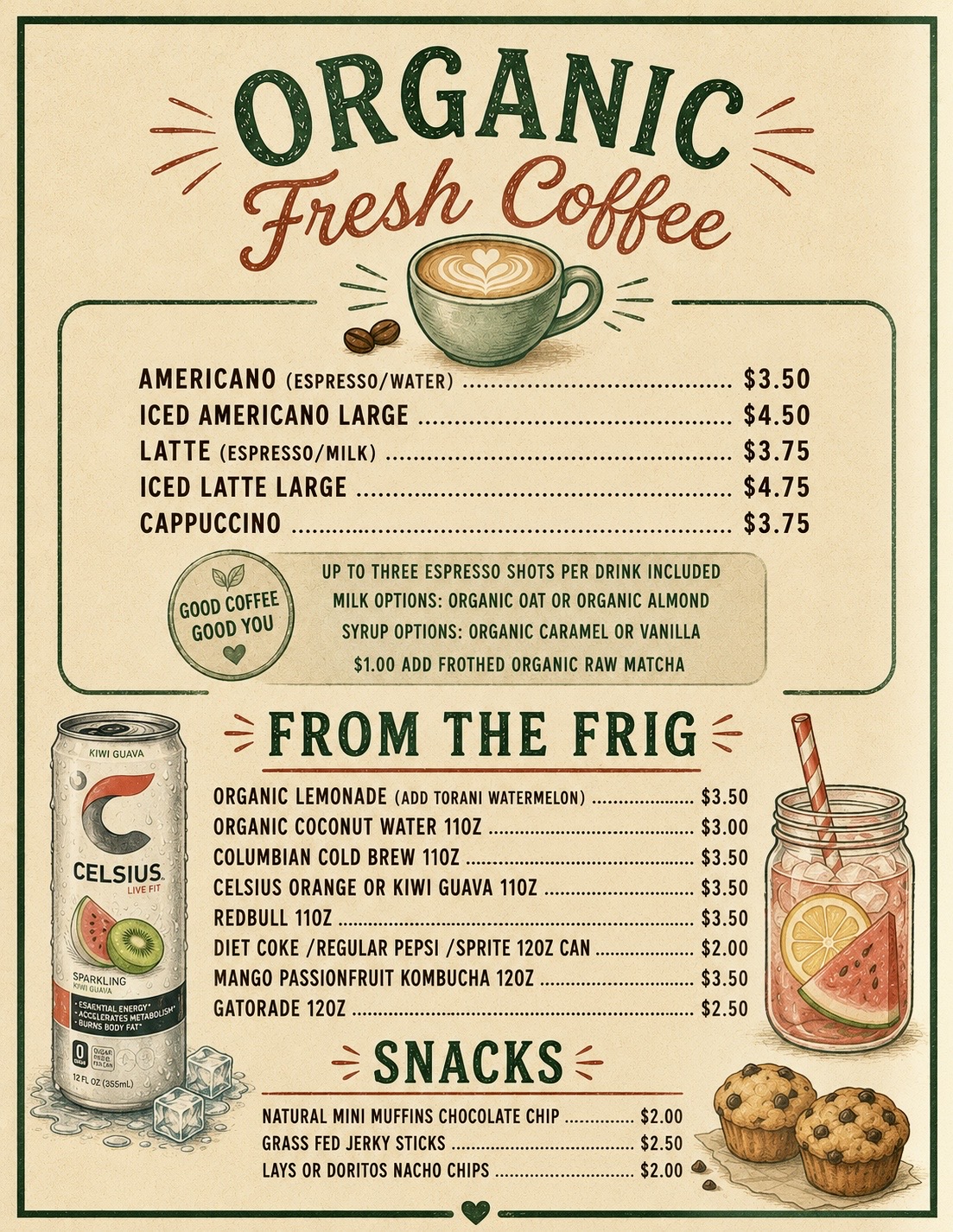 Organic drinks menu